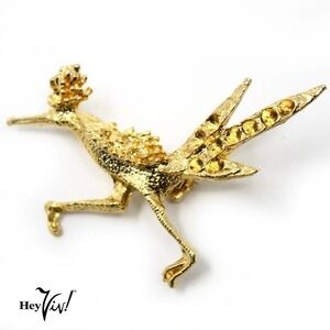 Vintage Road Runner Bird Pin Brooch 2" Detailed Textured Gold Metal - Hey Viv